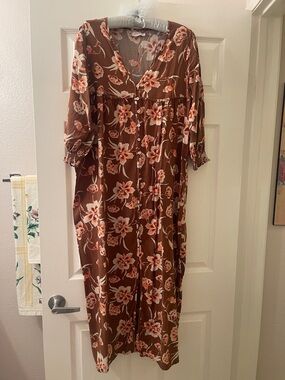 Brown Floral Button-Front Women's Dress